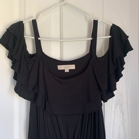 Loft Black Tall Ruffle Cold Shoulder Dress S - Picture 3 of 7